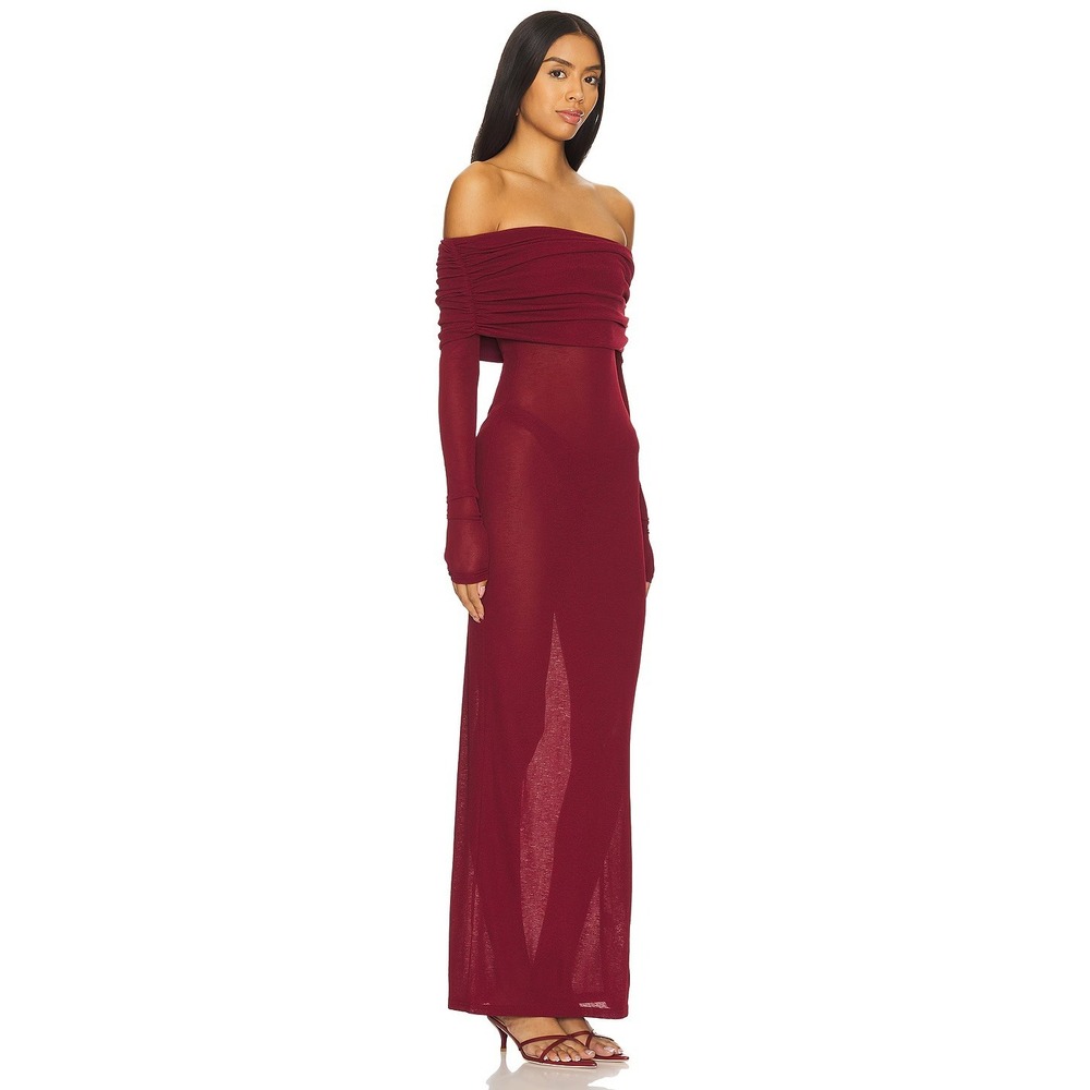 NWT Superdown Chantal Sheer Gown Wine Red Off Shoulder Maxi Dress Long Sleeve M - Picture 2 of 9